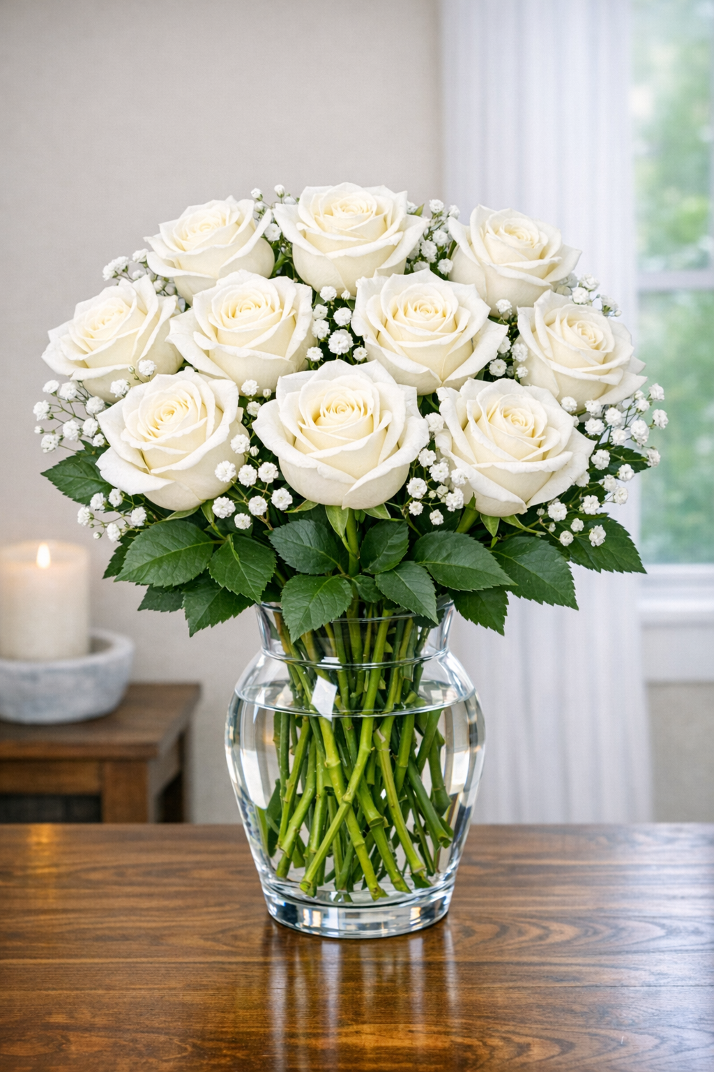 Dozen white roses